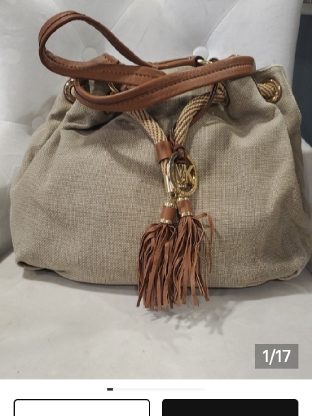 Michael Kors Beige Canvas Drawstring Shoulder Bag with Tassels